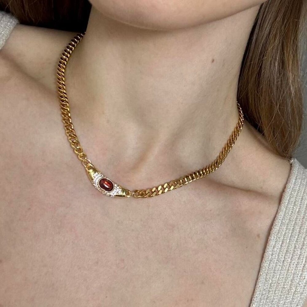 The Iris  Elegant Gold necklace with cz stones and Red Gemstone